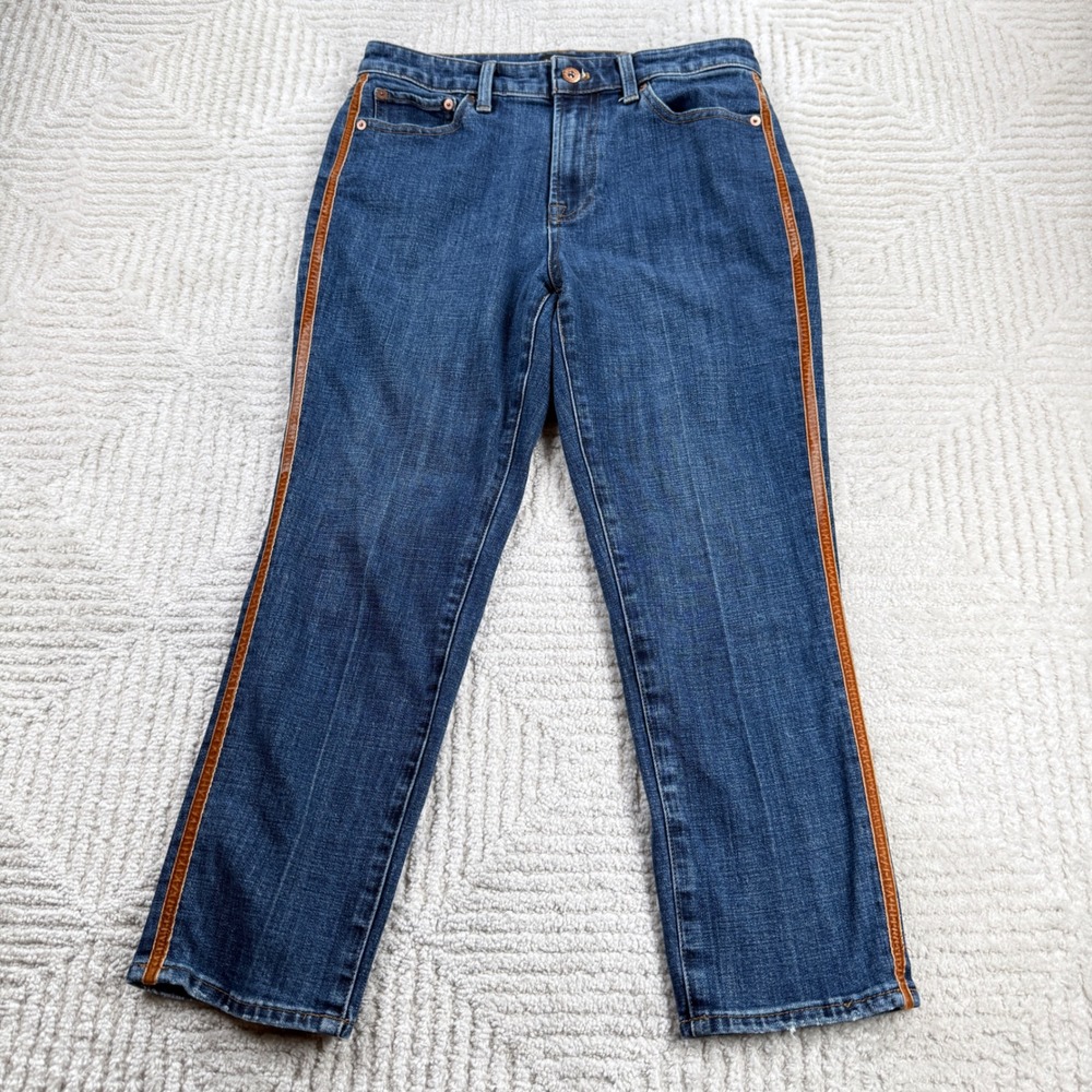 Talbots Modern Ankle Jean Women 4 Blue Faux Leather Stripe Denim Streetwear Moto